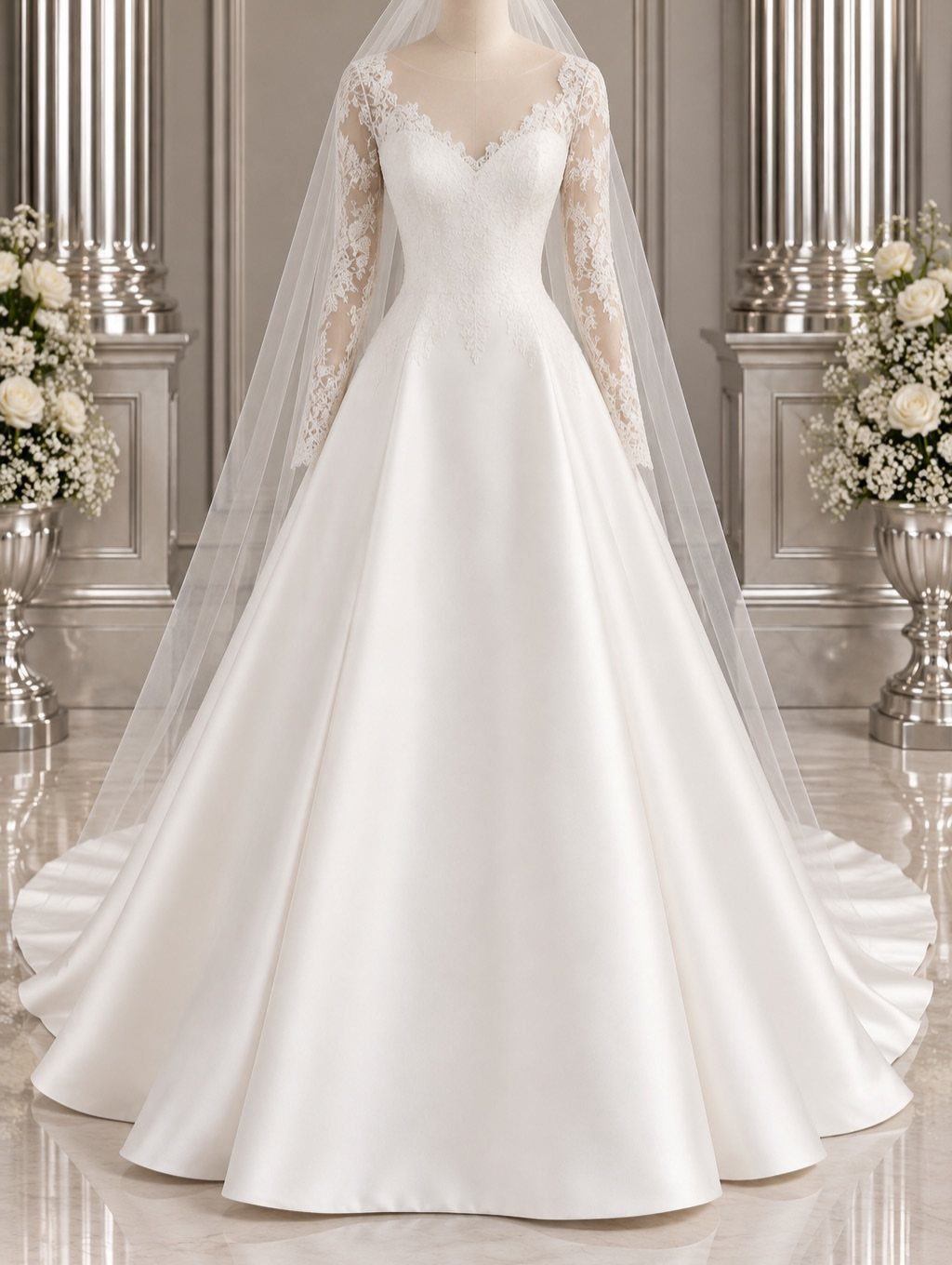 Stark white wedding dress with lace sleeves and full satin skirt on mannequin