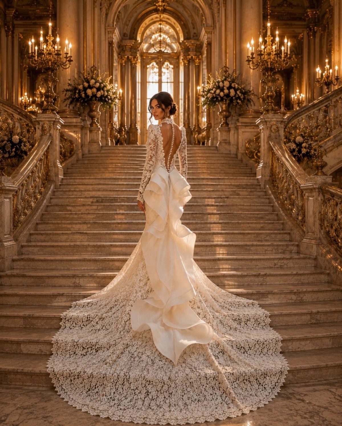 Woman in white lace wedding dress with long train on grand palace stairs