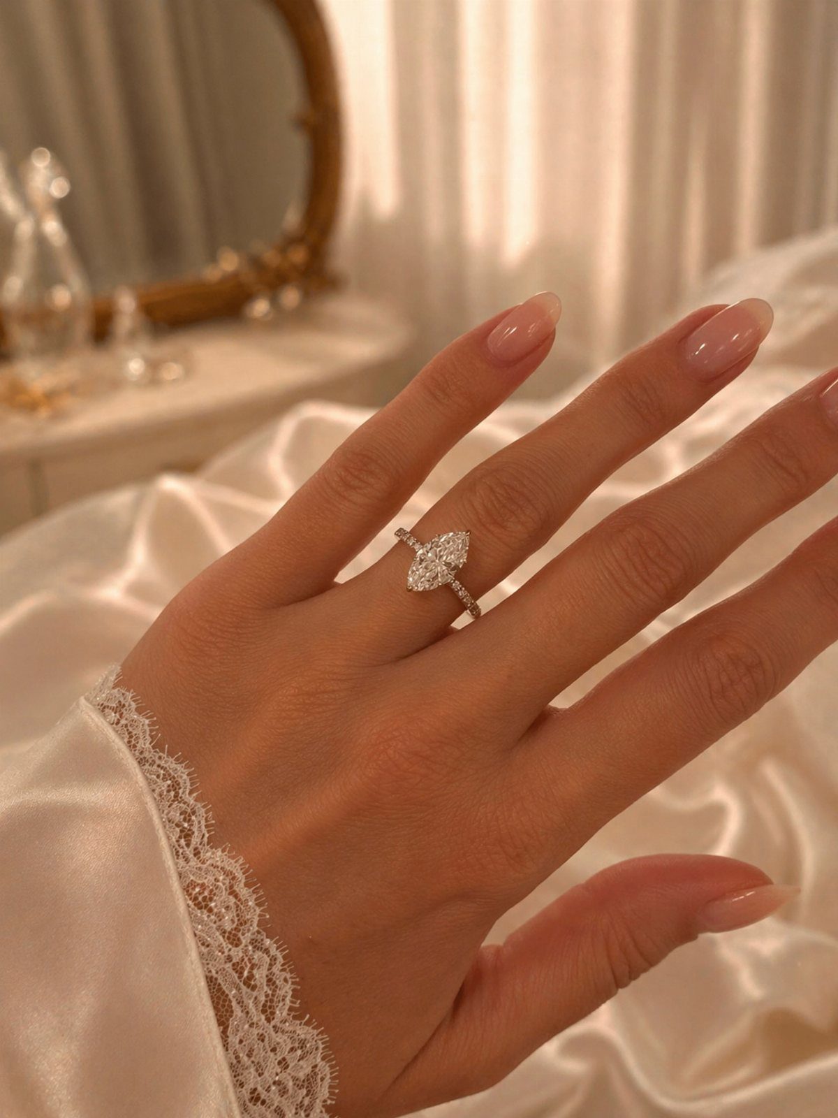 Almond shaped diamond engagement ring on a woman's finger with white satin background