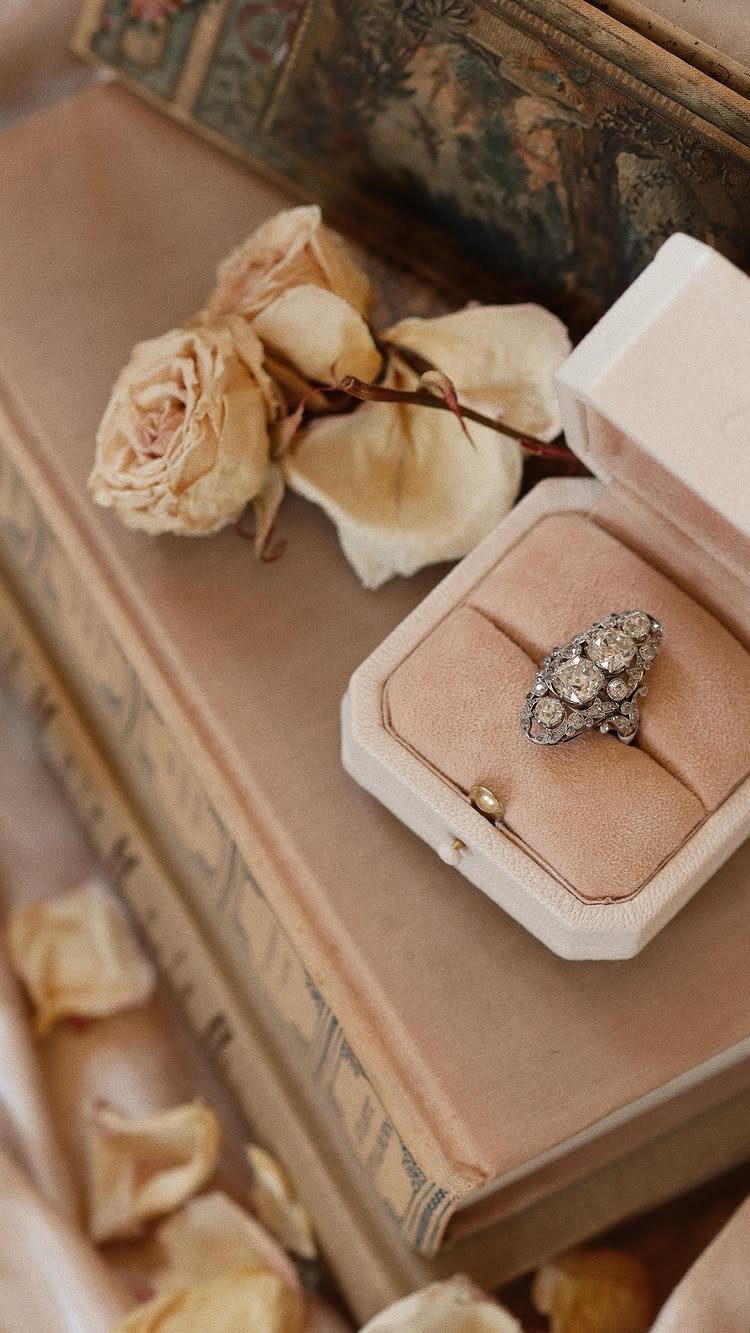 Diamond engagement ring in a pink velvet box resting on antique books and roses