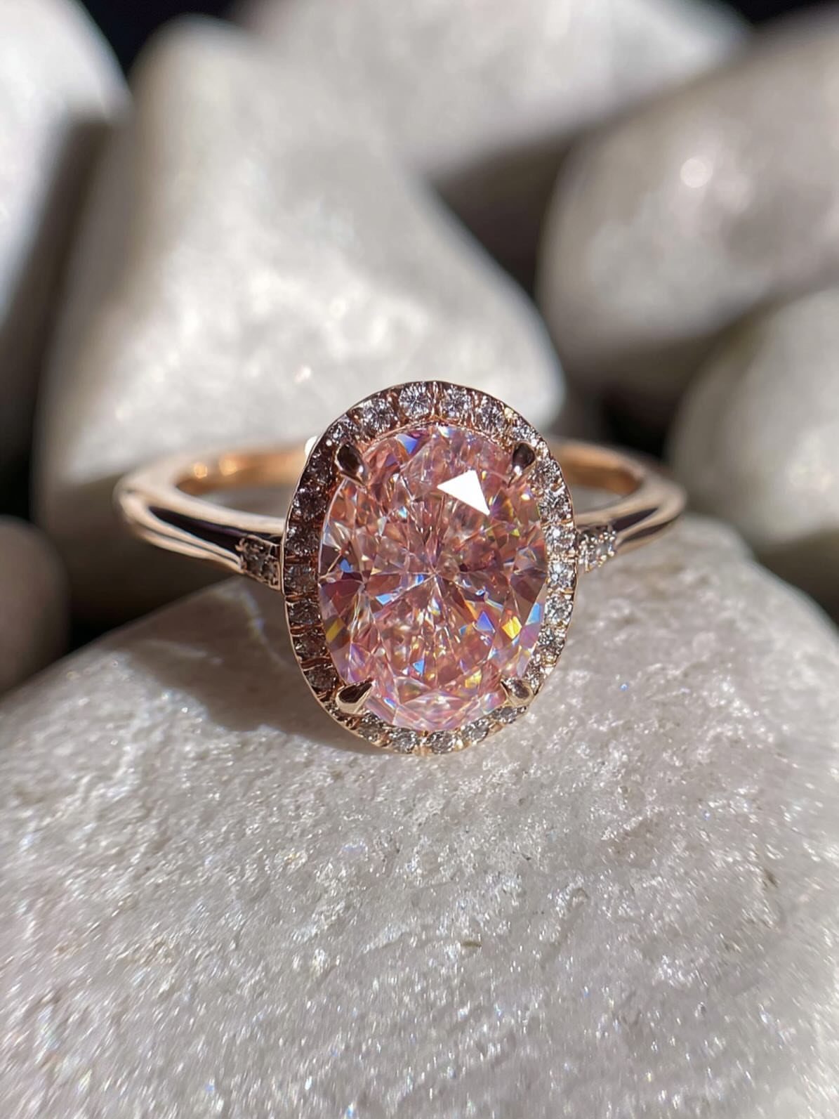 Rose gold engagement ring with oval pink gemstone resting on white stones