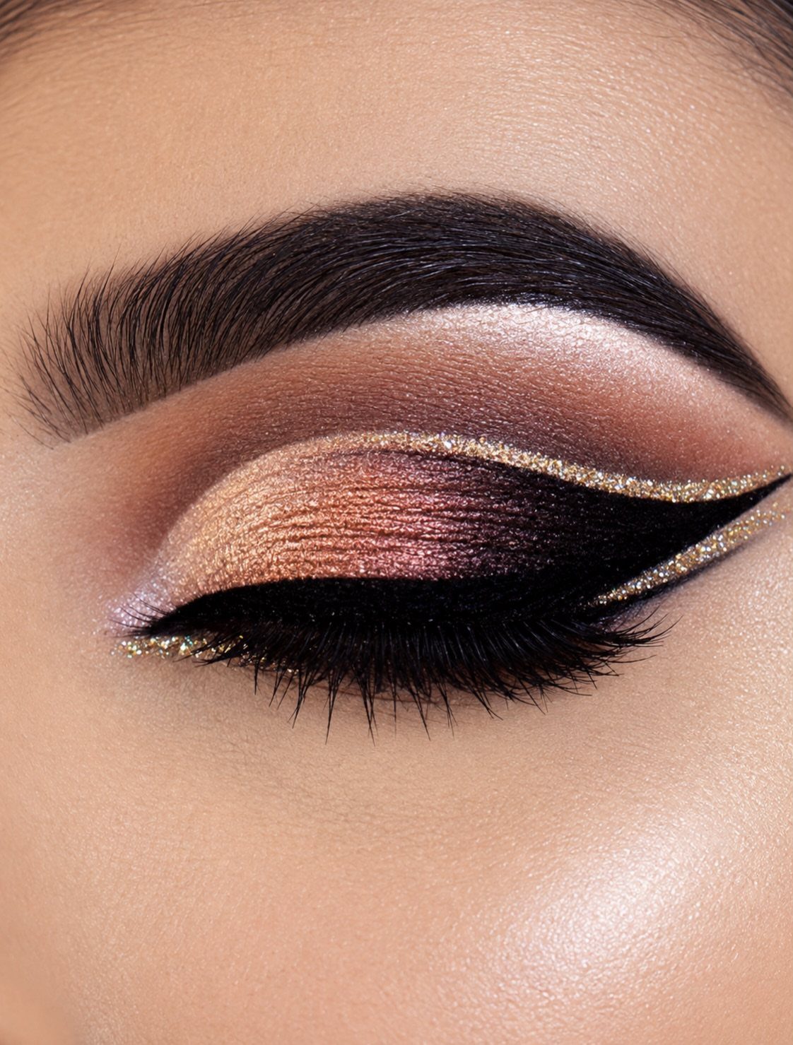 Closed eye with bold black winged eyeliner and shimmering gold glitter accents.