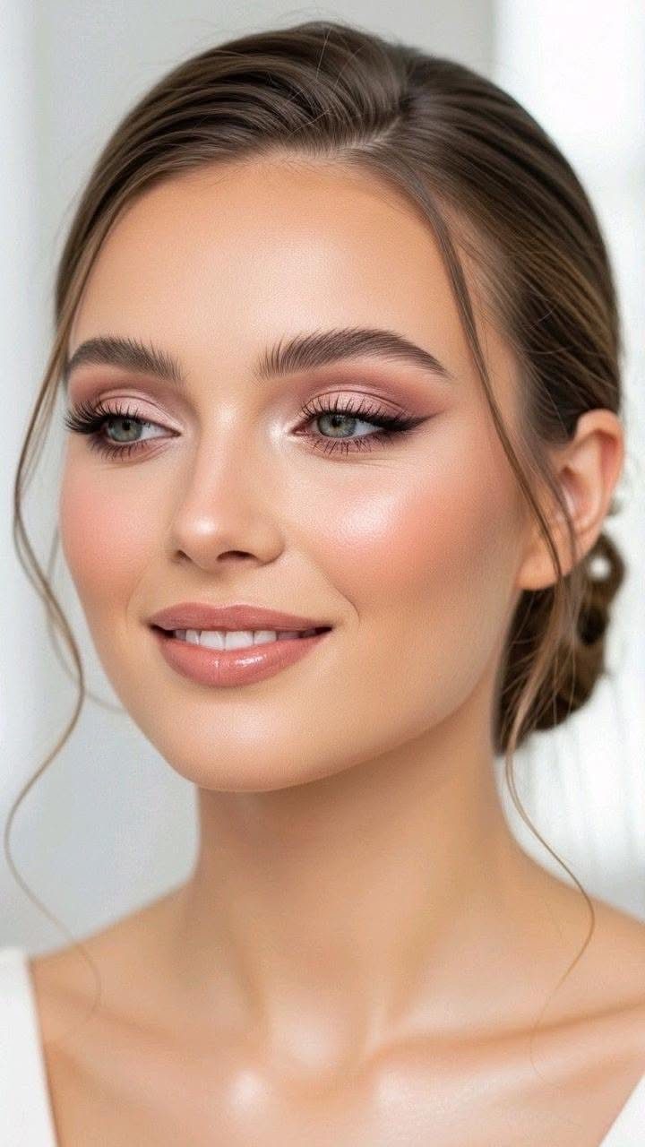 Woman with pale skin wearing shimmering rose gold eyeshadow and soft bridal makeup.