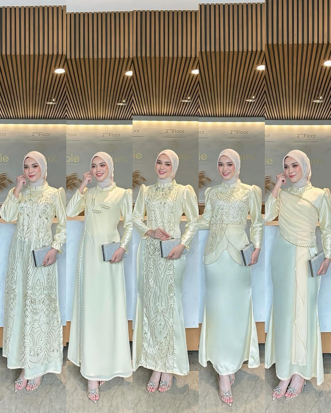 Five women in different styles of pale yellow gowns and matching hijabs posing.