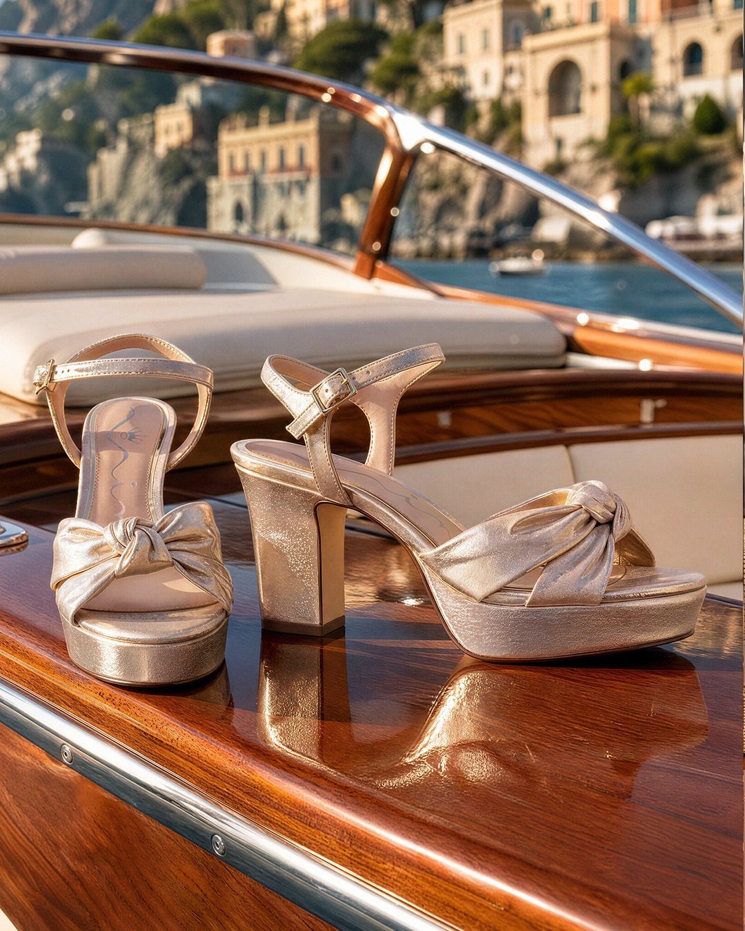 Champagne platform block heel sandals on a polished wooden boat deck by the coast