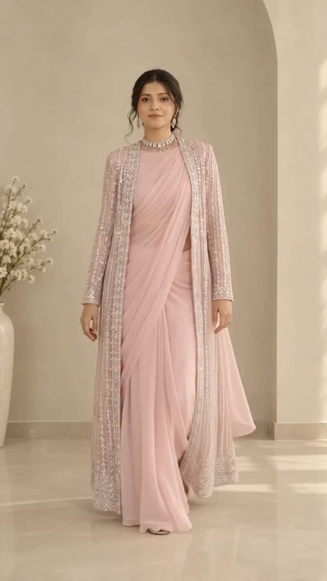 Woman in a light pink saree with a matching embellished long jacket and necklace.