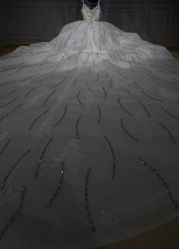 White tulle wedding dress with a dramatic full skirt and shimmering silver sequins.
