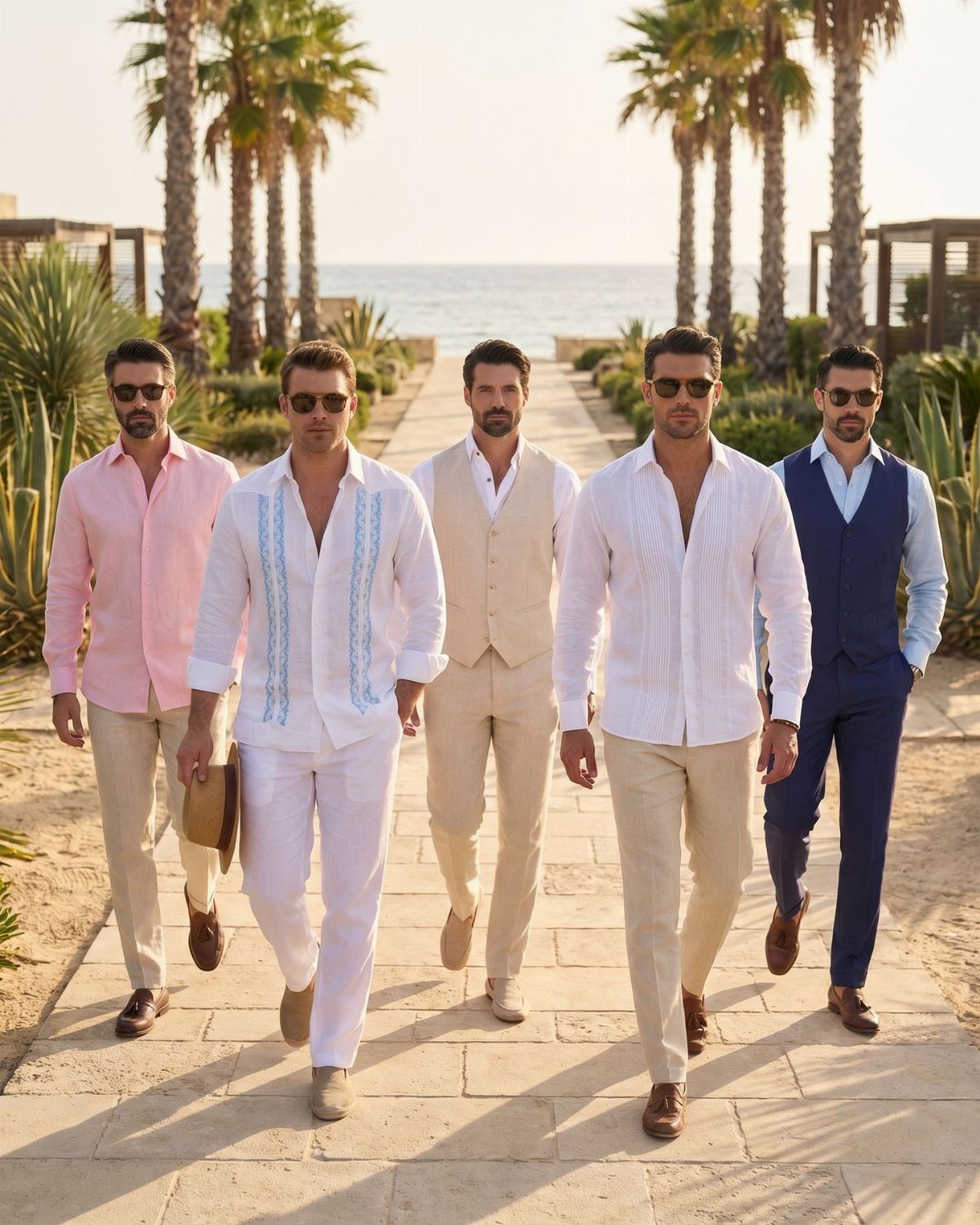 Five men in linen beach wedding attire walking along a sunny coastal path.