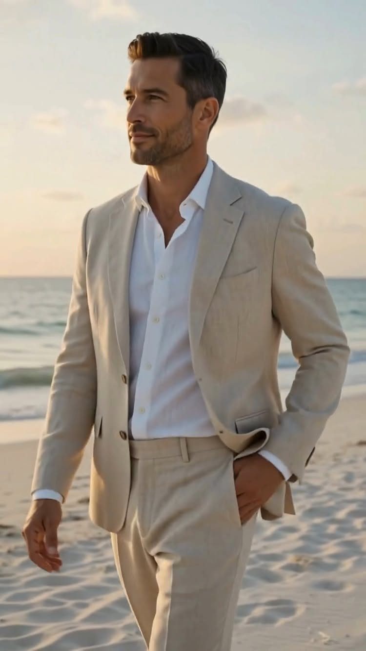 Man in a beige linen suit and white shirt standing on a beach.