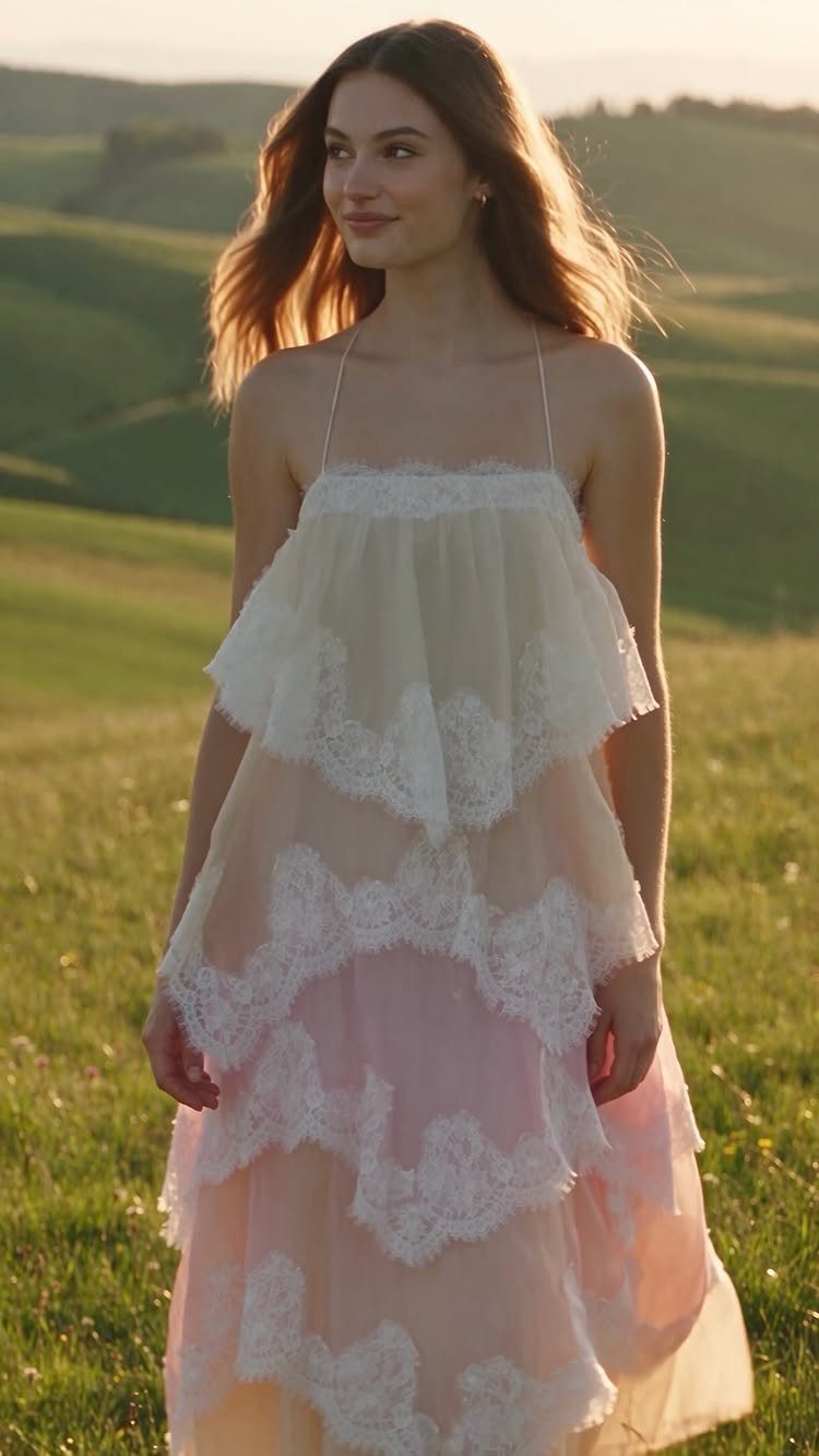 Woman in a tiered pink and white lace flowy dress in a grassy field