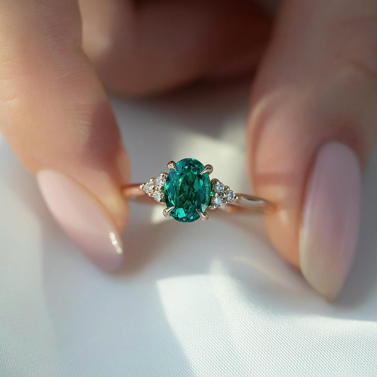 Silver engagement ring with a central oval green emerald and side diamonds.