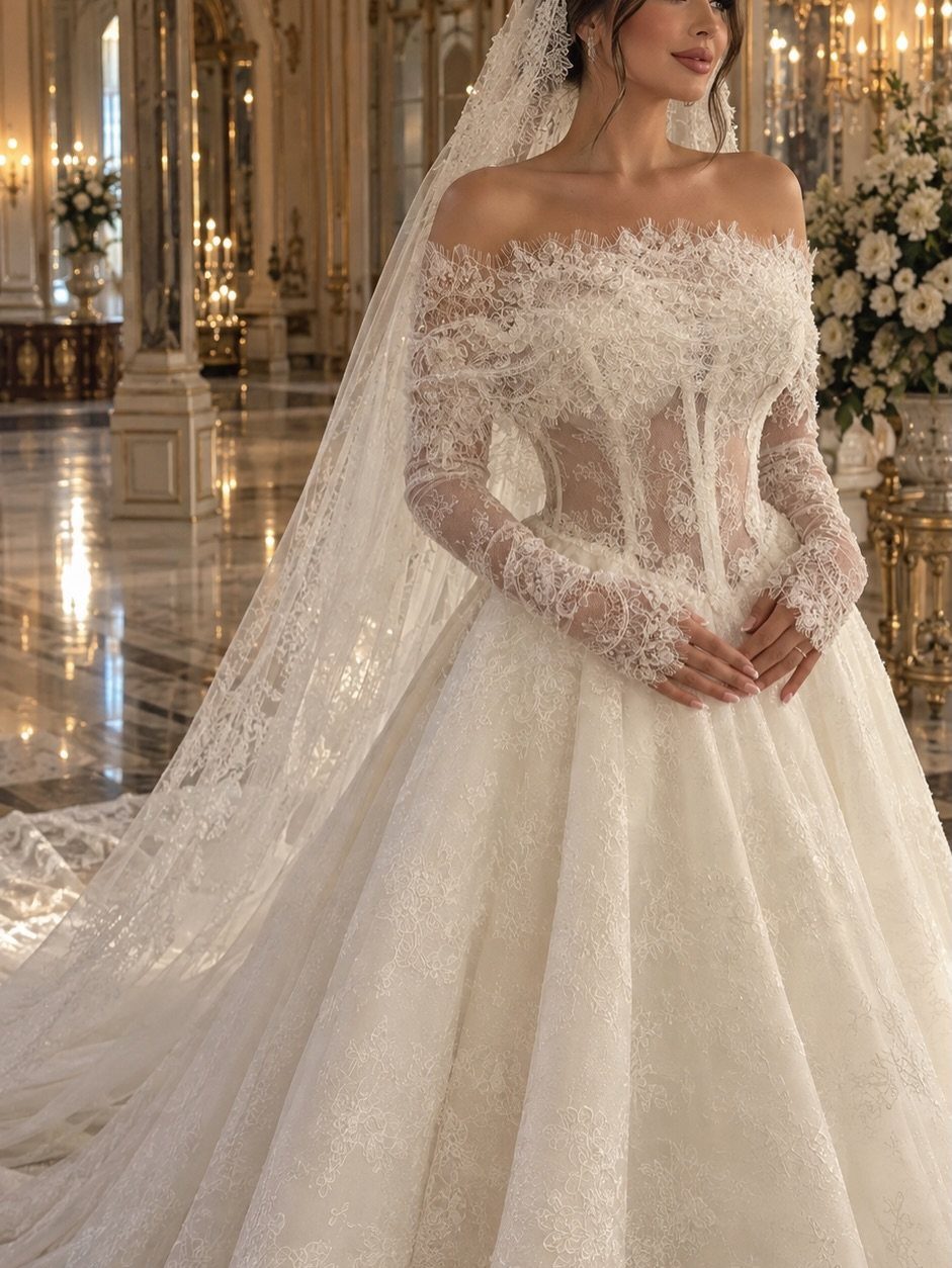 Woman in a fitted bodice ball gown wedding dress with lace sleeves and veil.