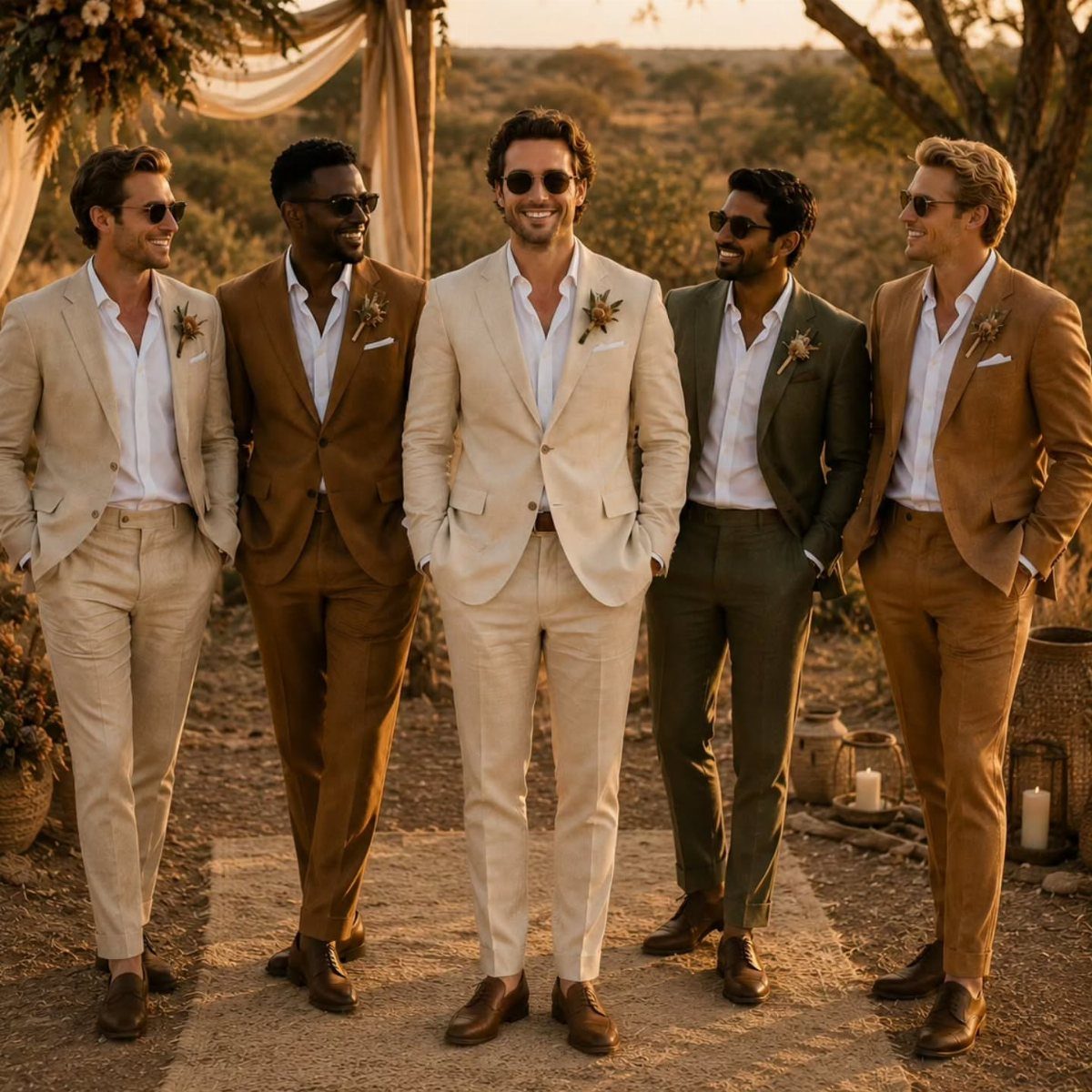 Five men in light-colored linen suits posing outdoors in a sunny landscape.