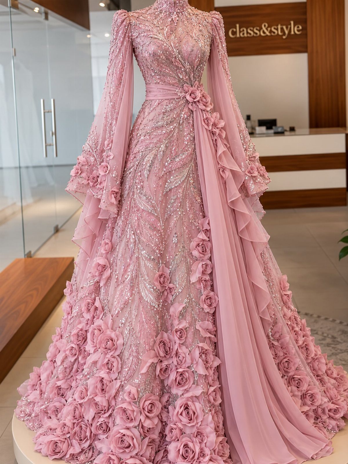 Pink beaded gown with large 3D fabric roses on the skirt and waist.