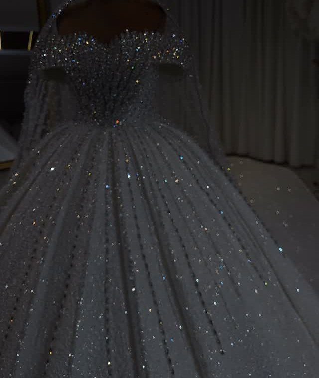 White ballgown wedding dress covered in shimmering silver beads and sequins.