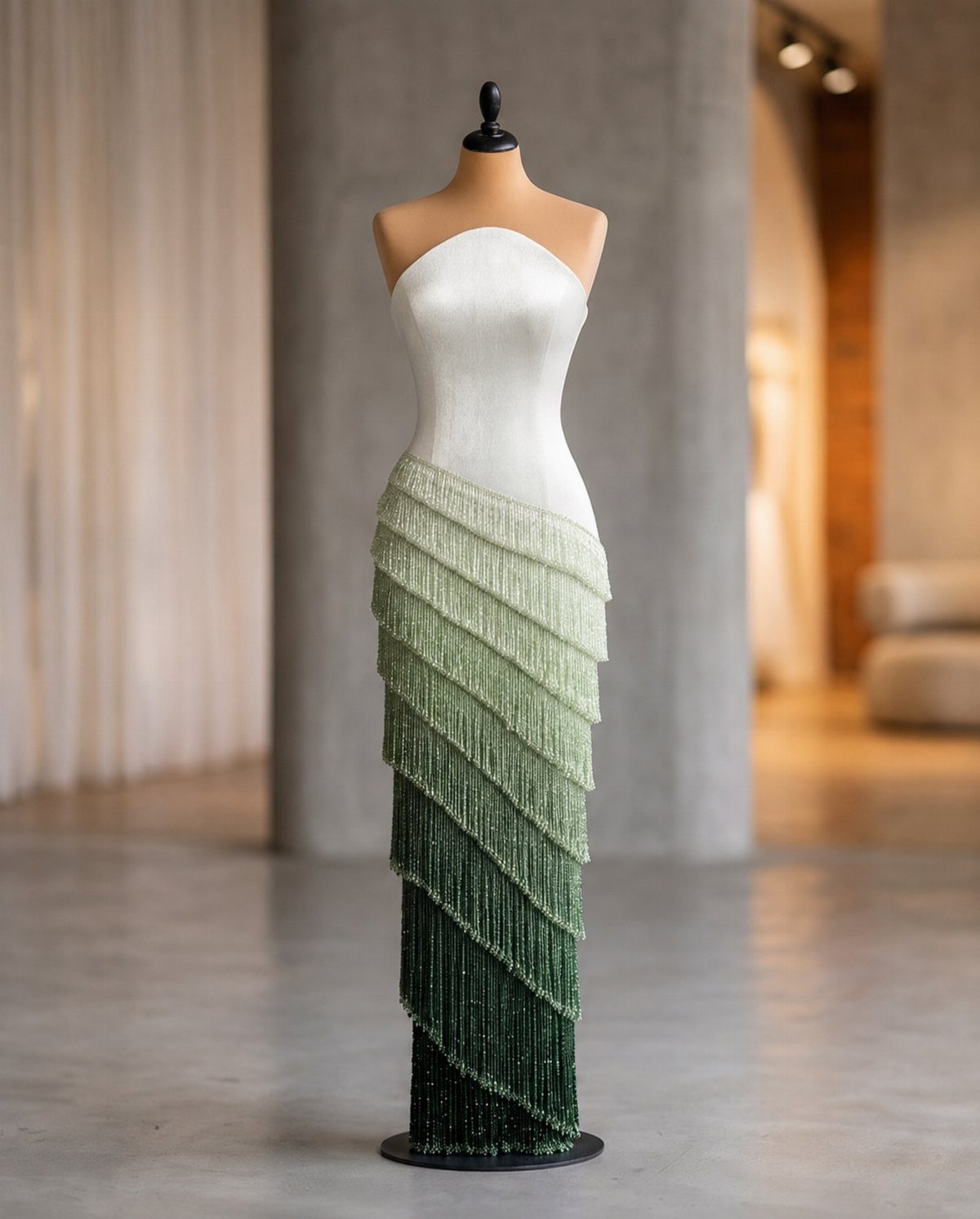 Strapless gown with beaded fringe transitioning from light to dark green ombre colors.