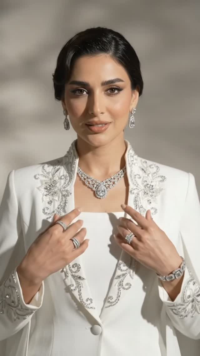 Woman in white embroidered dress wearing a diamond necklace, earrings, and rings.