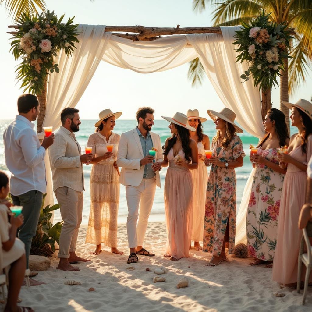 Men and women in light linen wedding attire standing on a tropical beach.