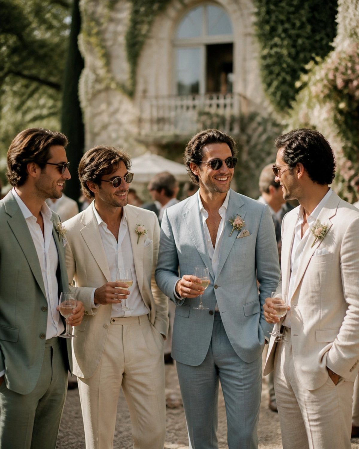 Four men wearing light-colored linen suits and sunglasses at a summer outdoor event.