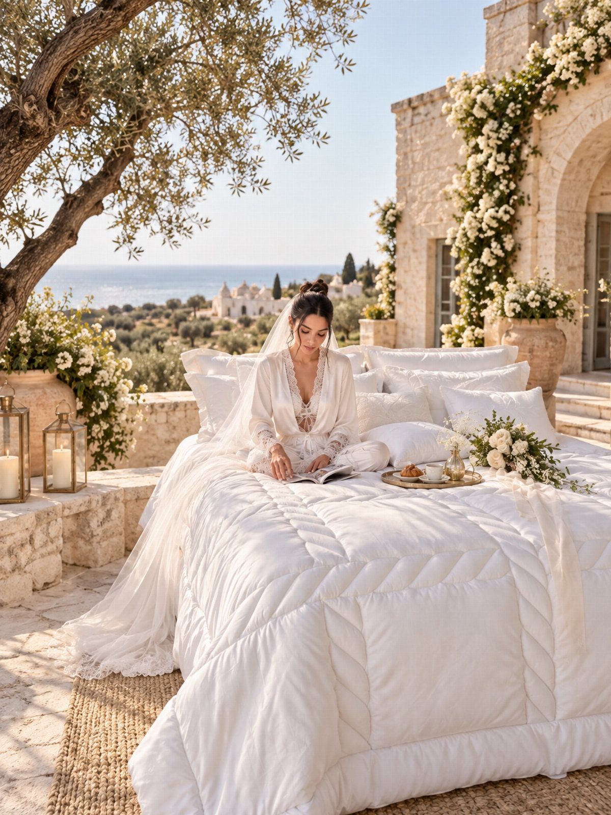 Woman in white bridal pajama set reading on a bed outdoors by the sea