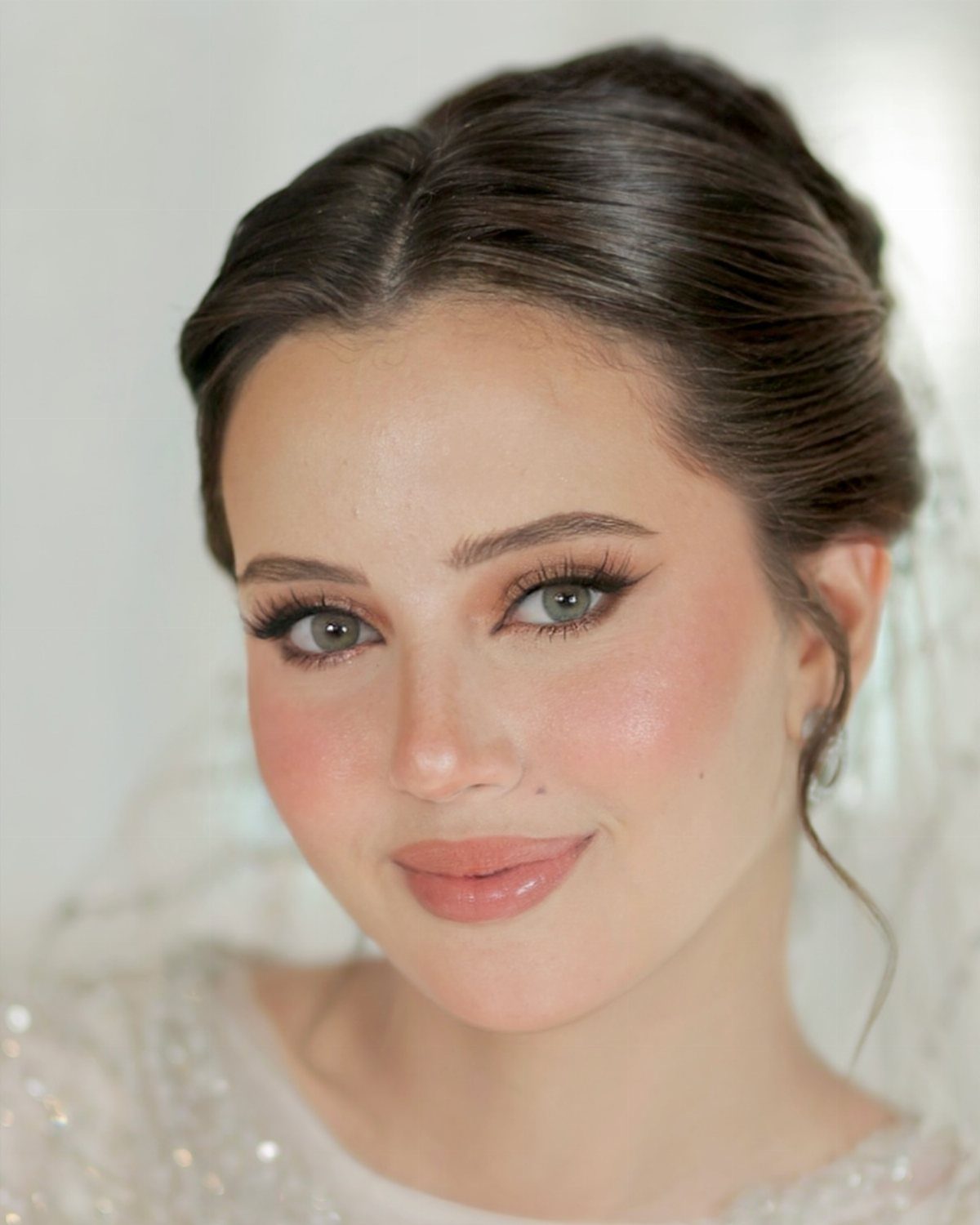 Woman with natural bridal makeup, neutral tones, and an elegant updo wearing a veil.
