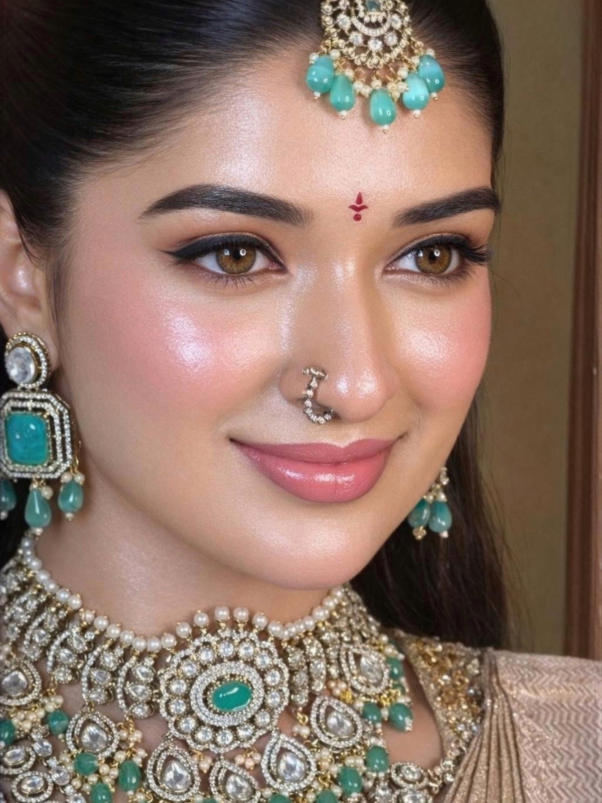 Woman with luminous pink cheeks and glossy lips wearing traditional emerald jewelry
