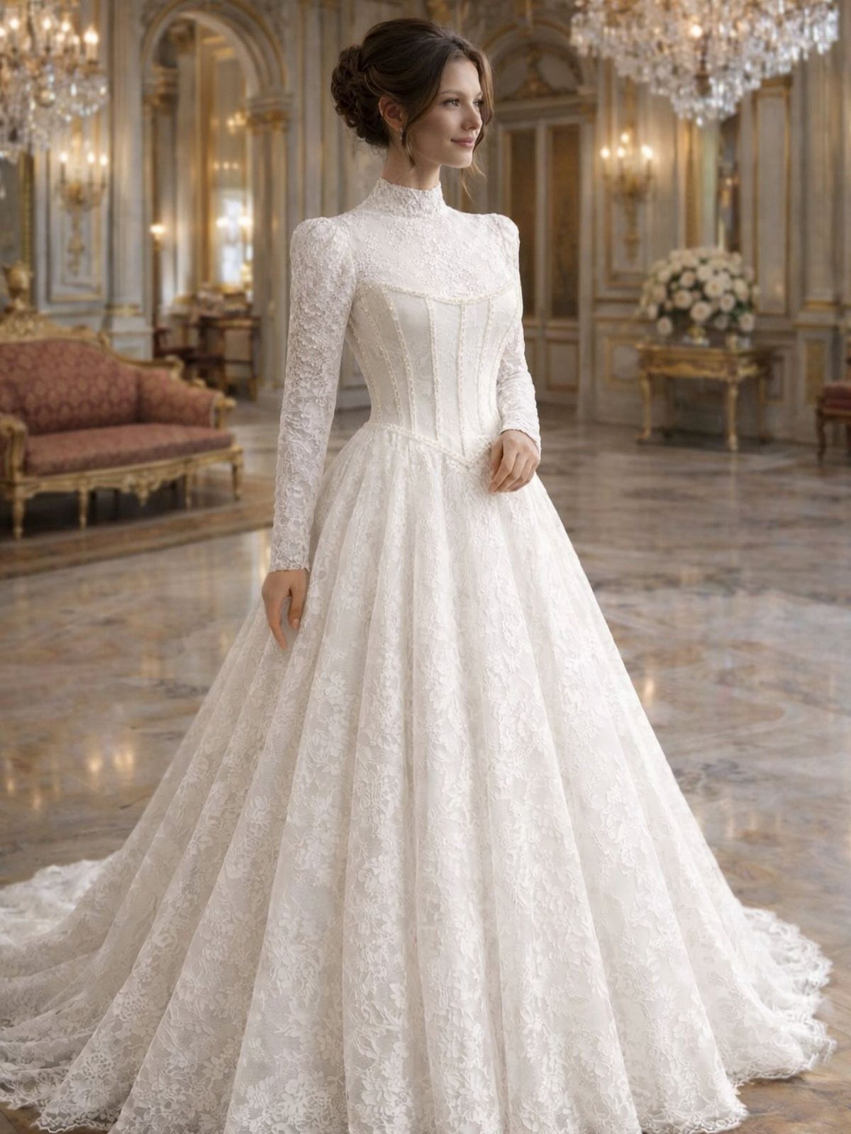 Woman in a white lace Victorian-style wedding dress standing in an ornate ballroom.