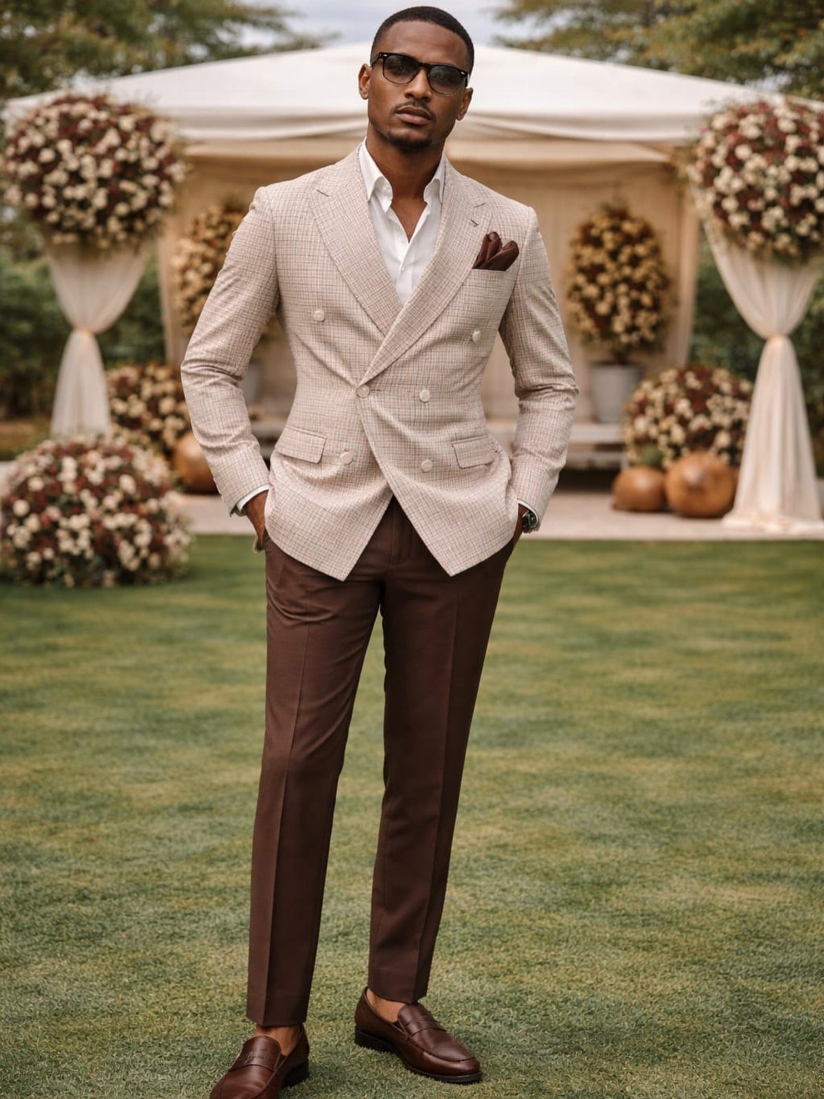 Man in a beige double-breasted blazer and brown trousers standing in a garden.