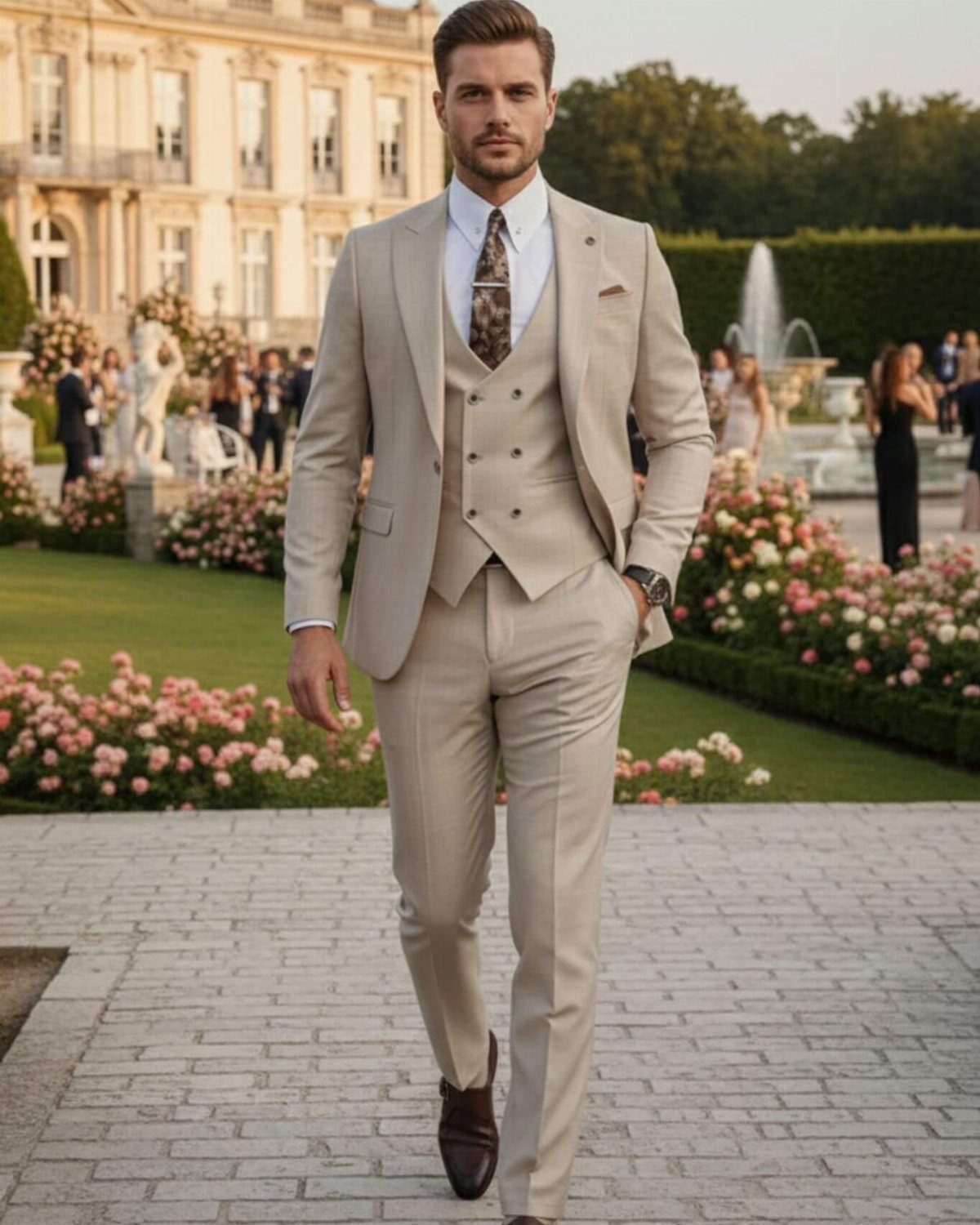Man in a beige three-piece suit walking outdoors at a formal wedding event.