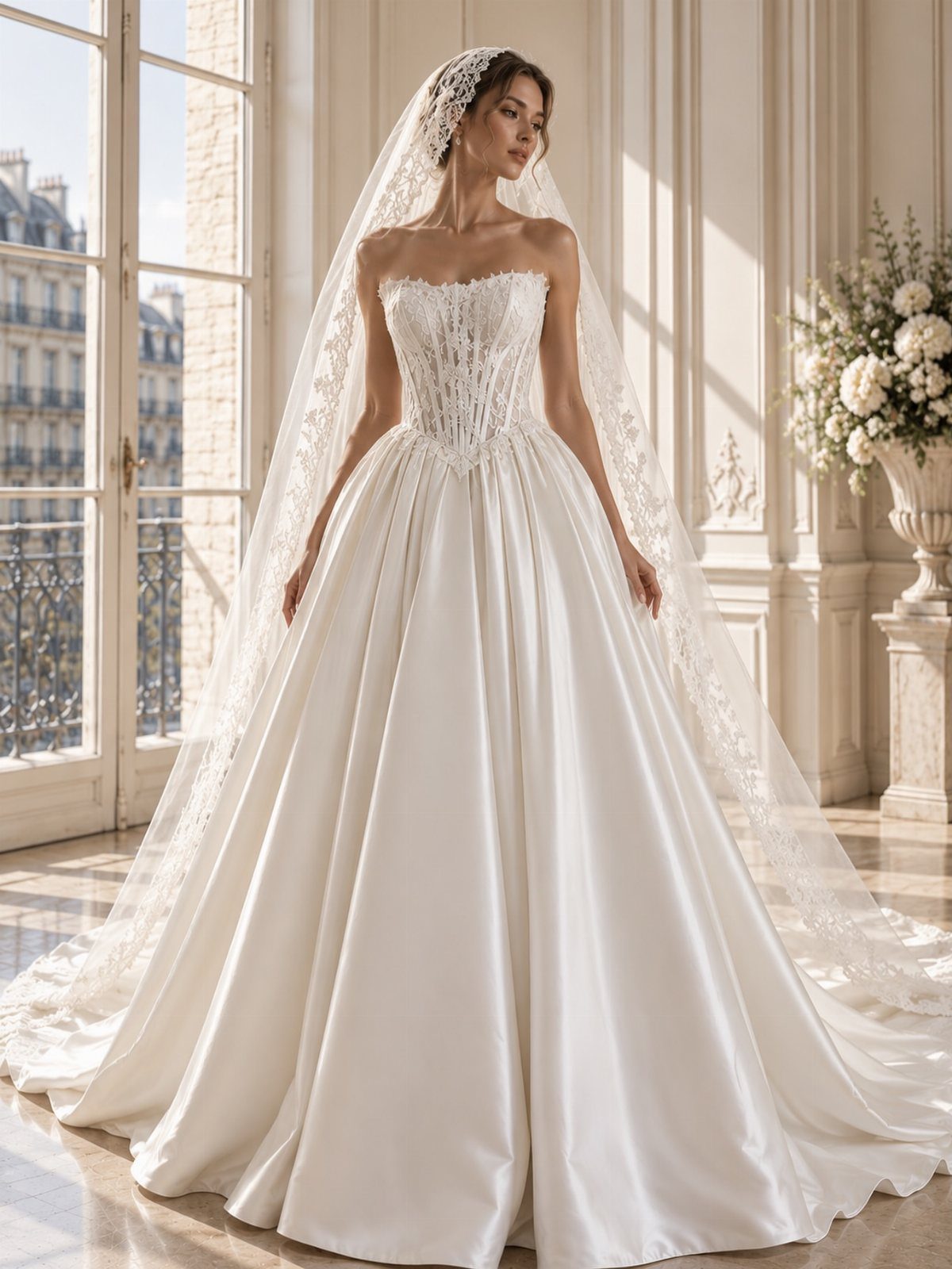 Woman in a strapless wedding dress with lace bodice and full satin skirt.