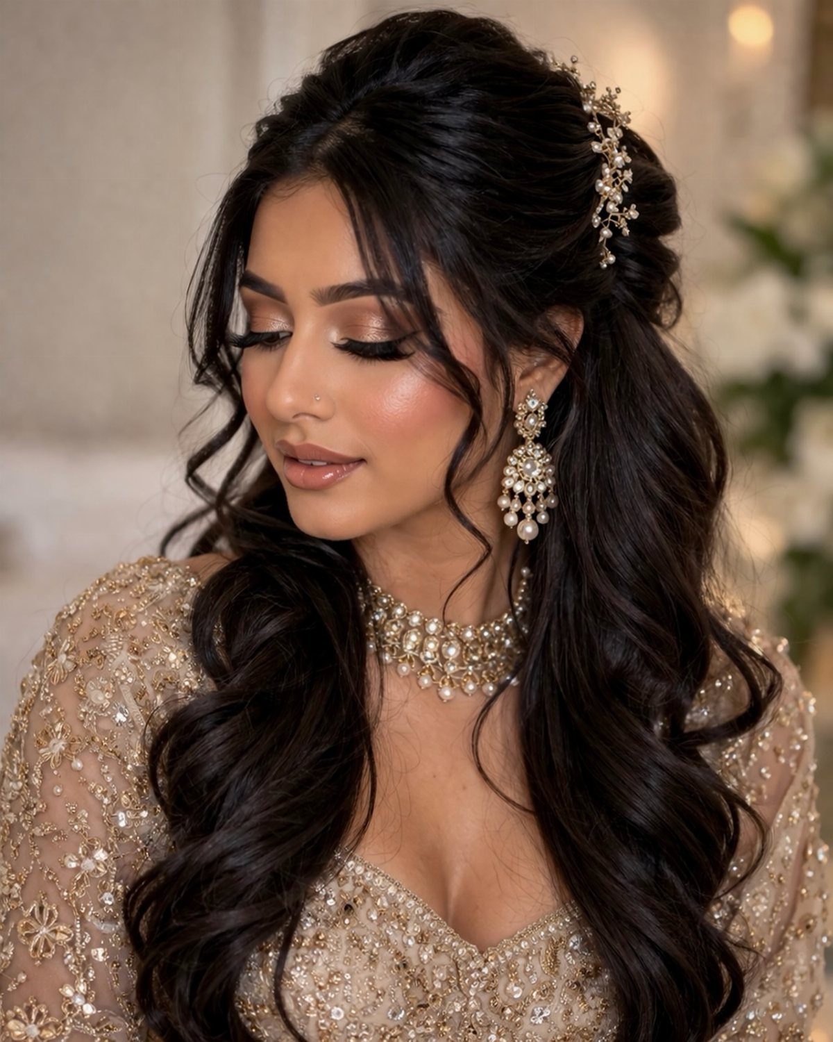 Woman with soft glam bridal makeup, highlighted skin, and ornate gold jewelry.