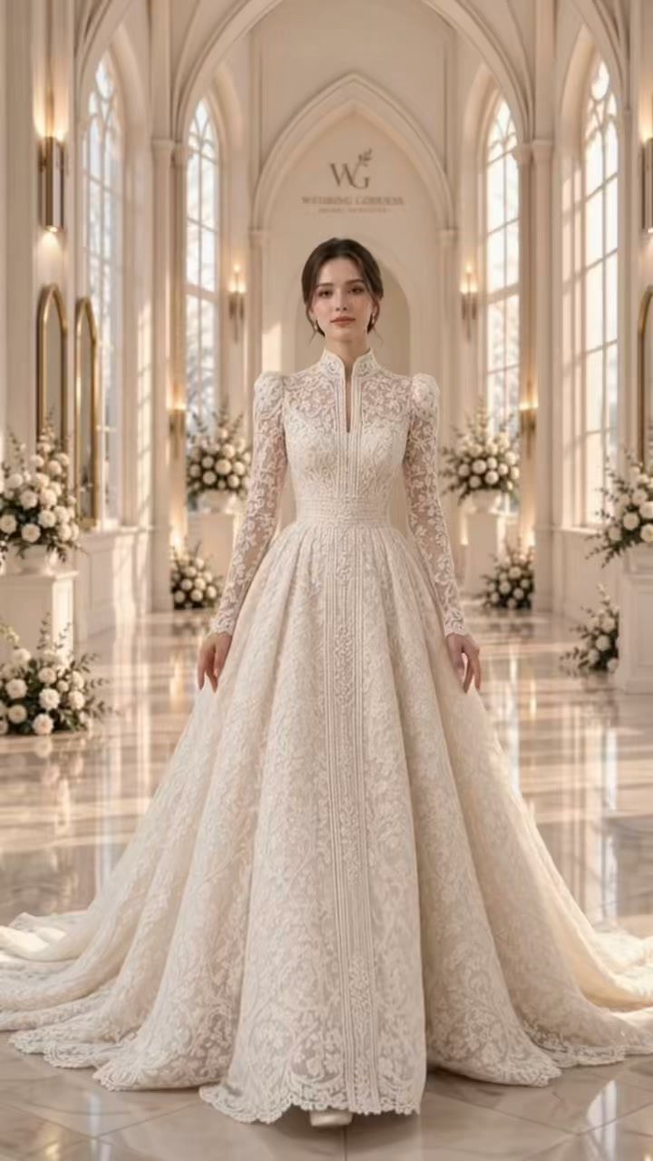 Woman in a high-neck white lace wedding gown standing in a bright arched hall.