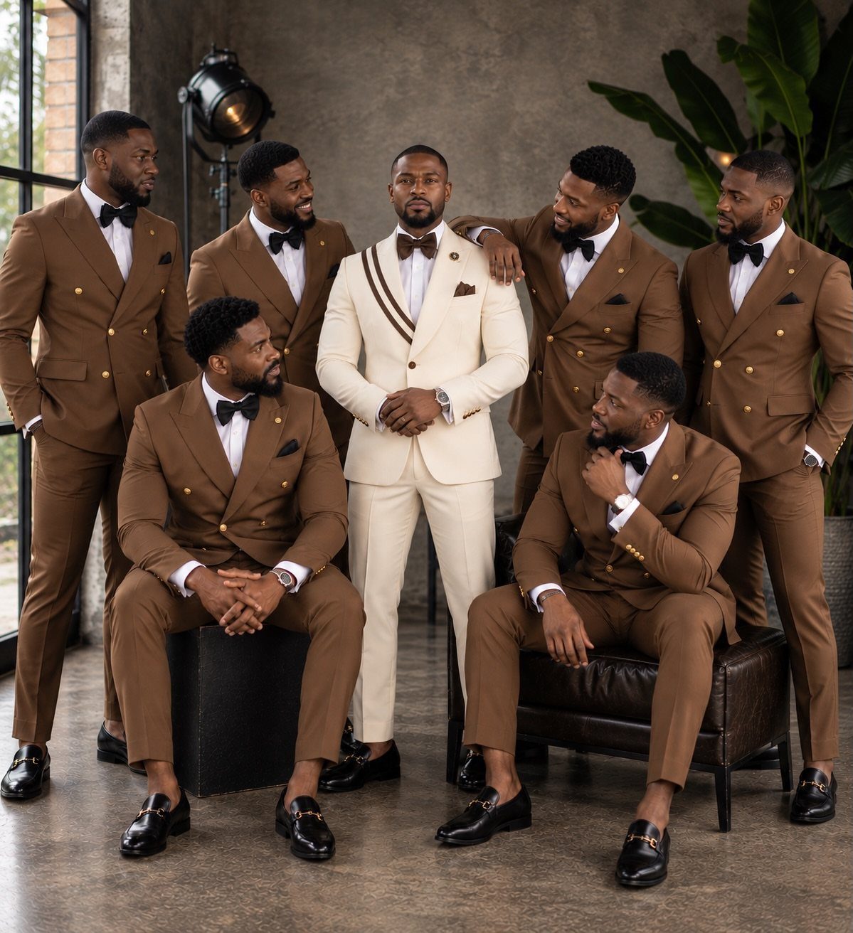 Men in brown and cream double-breasted suits posing for a wedding group portrait.
