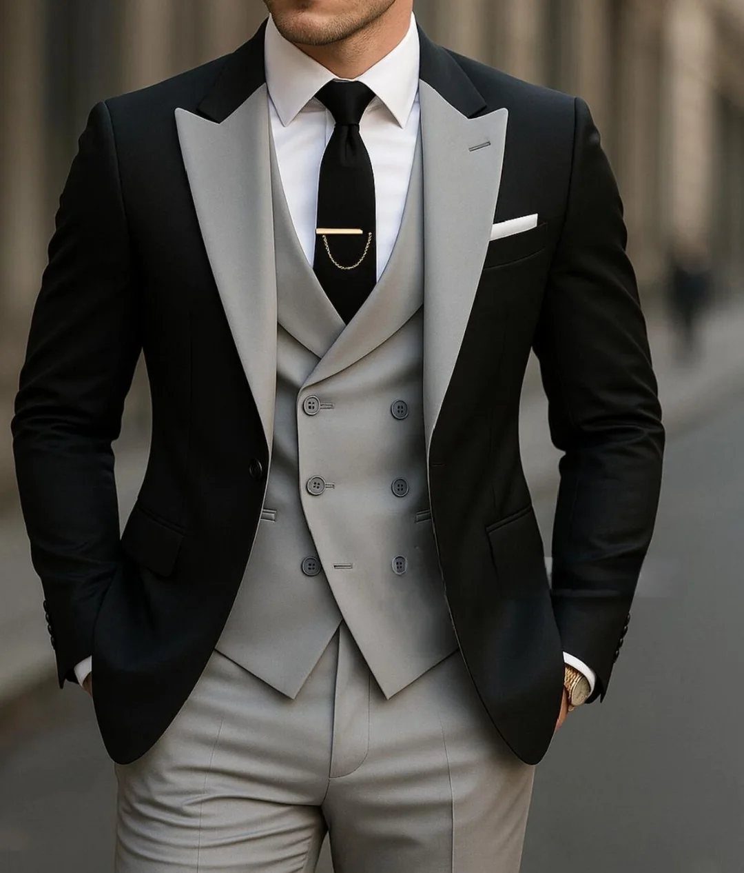 Man wearing a black and grey three-piece suit with a black tie.