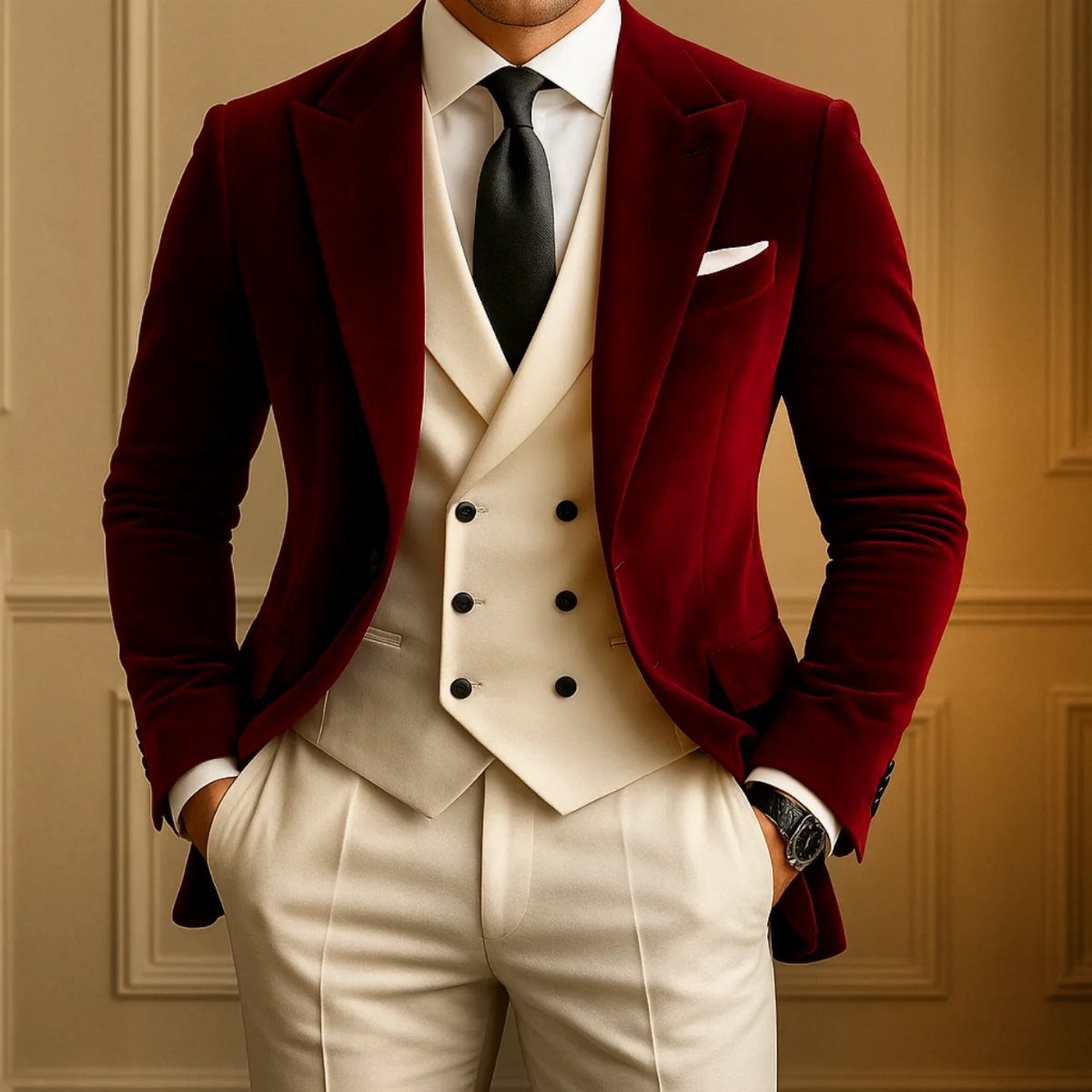 Man in burgundy velvet blazer with cream waistcoat and trousers for a wedding.