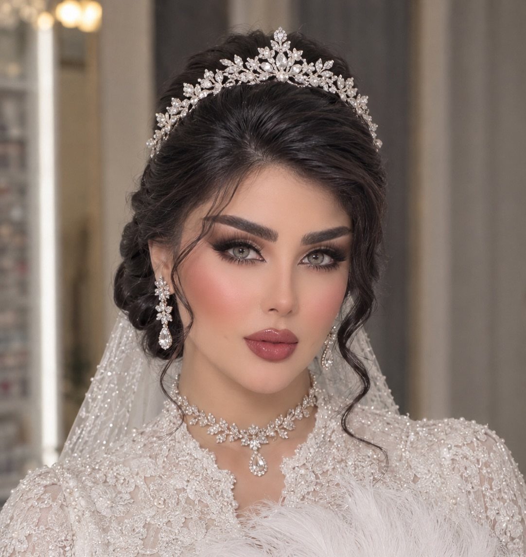 Bride with 3D bridal makeup, heavy contouring, and a sparkling diamond tiara.