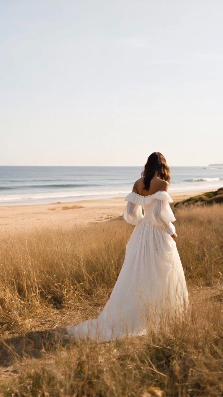 Woman in a white vintage-style wedding dress standing in beach grass facing the ocean