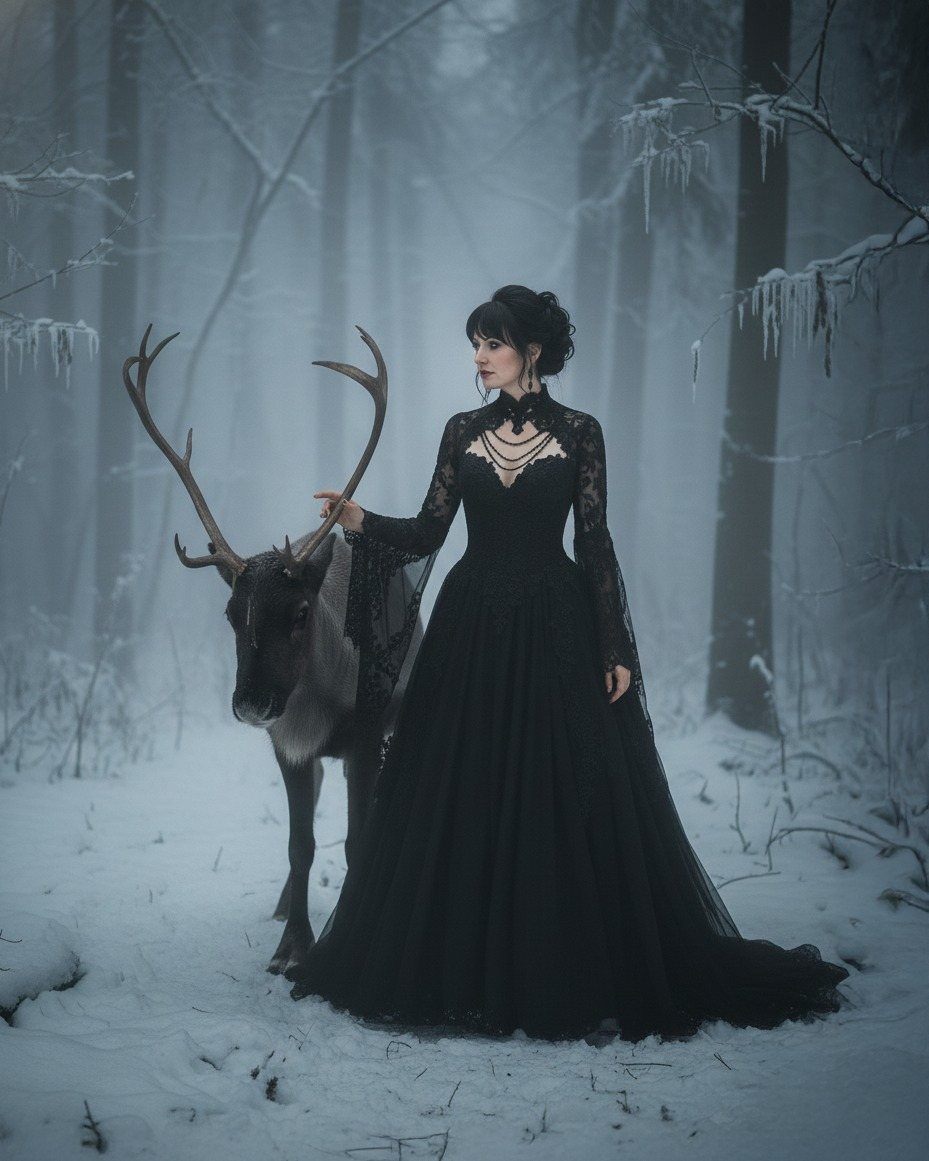 Woman in a black gothic wedding dress standing with a deer in snowy woods