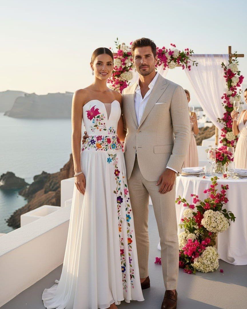 Couple posing by the sea, woman in white floral embroidered wedding dress