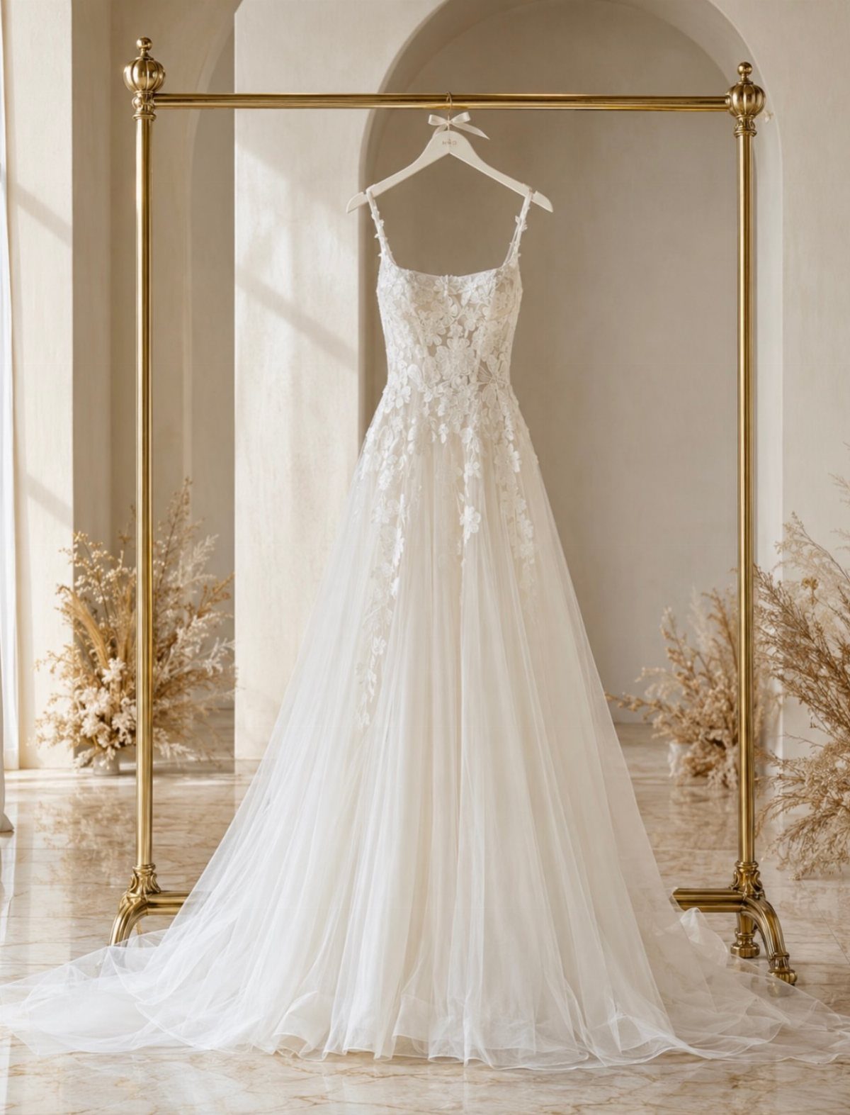 White A-line wedding dress with floral lace hanging on a gold clothing rack