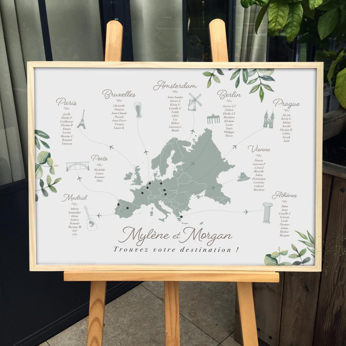 Framed map of Europe on a wooden easel with guest names and destinations.