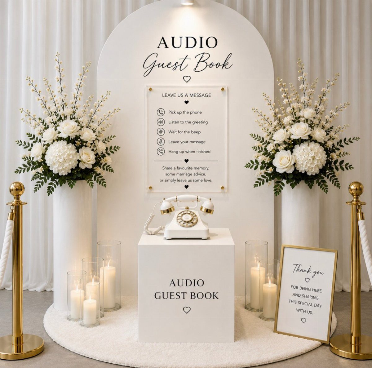 White audio guest book station with vintage rotary phone, white flowers, and candles.
