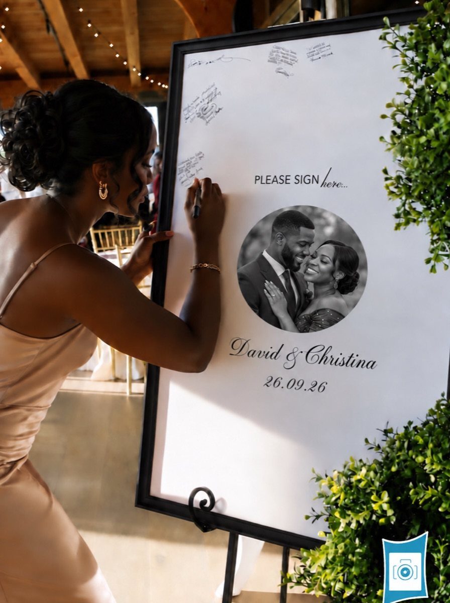 Woman signing a large framed wedding guest book board with a couple's photo.