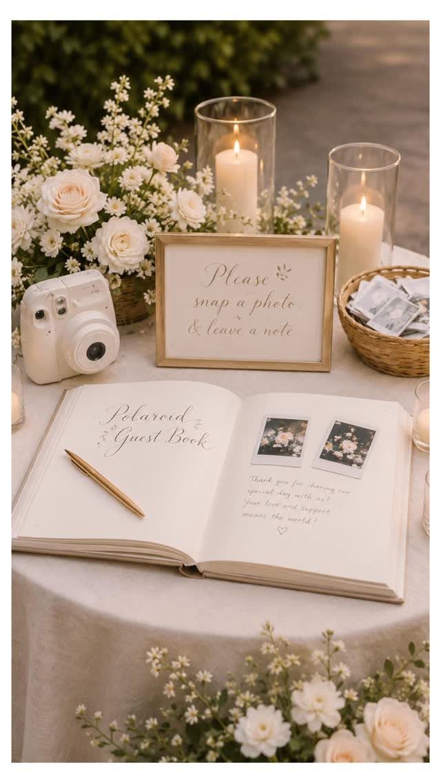 Polaroid camera and open guest book with instant photos and white floral arrangements