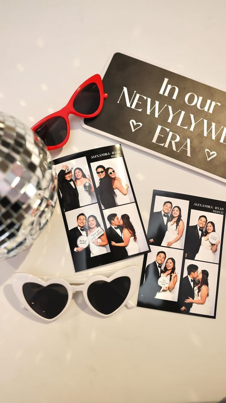 Wedding photo booth strips with heart sunglasses, a disco ball, and a sign.
