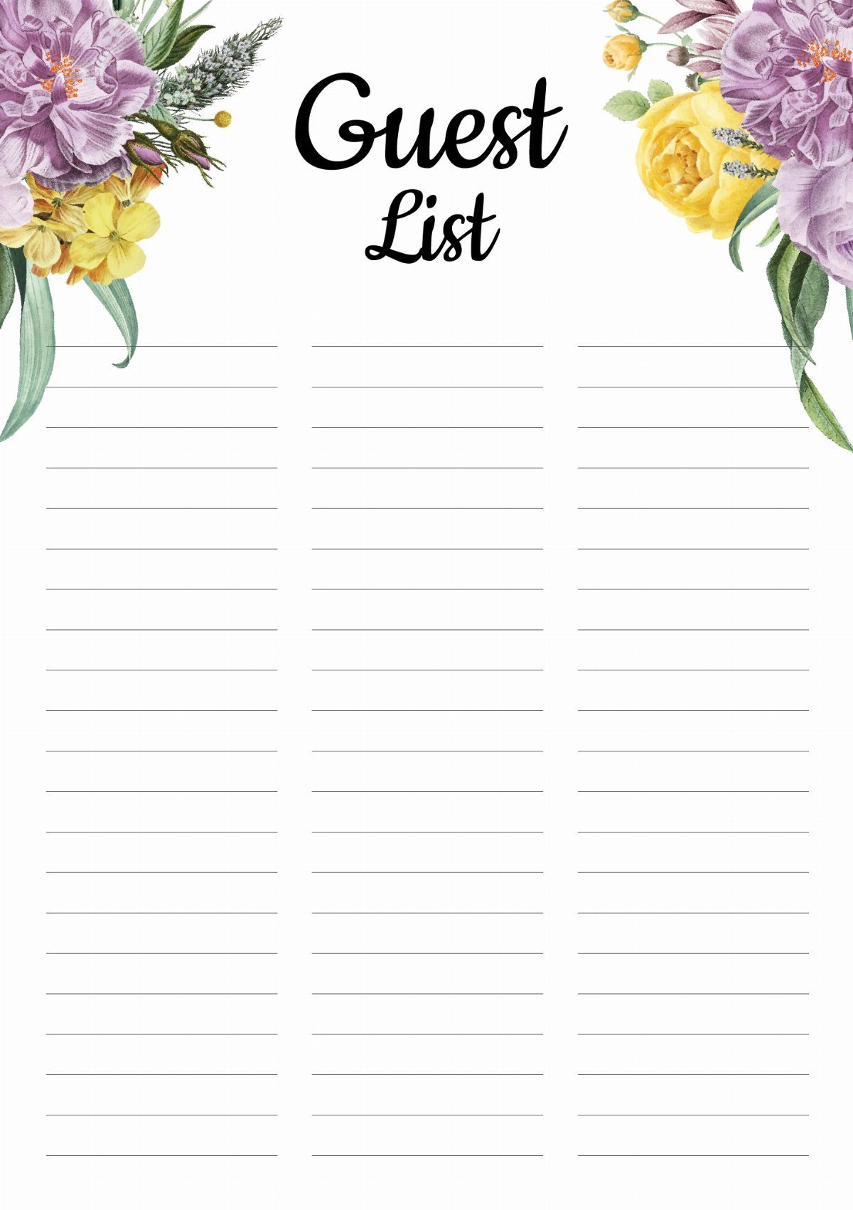 Guest list printable page with purple and yellow floral corners and blank lines