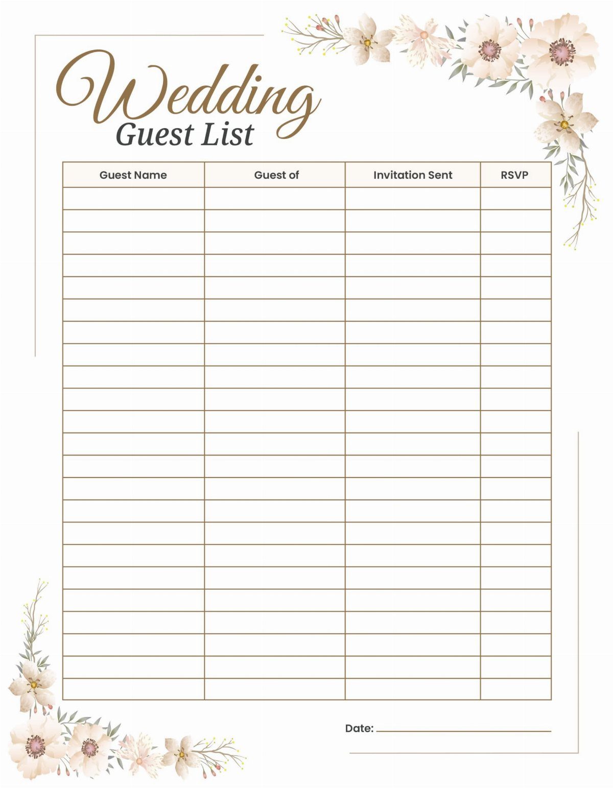 Wedding guest list template with floral corners and columns for RSVP tracking.