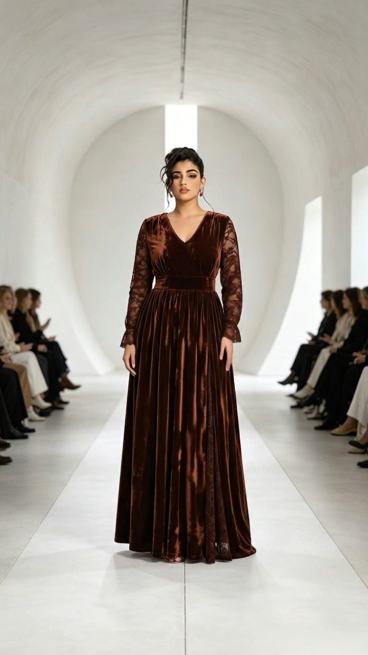 Woman wearing a long-sleeved brown velvet gown walking on a white fashion runway.