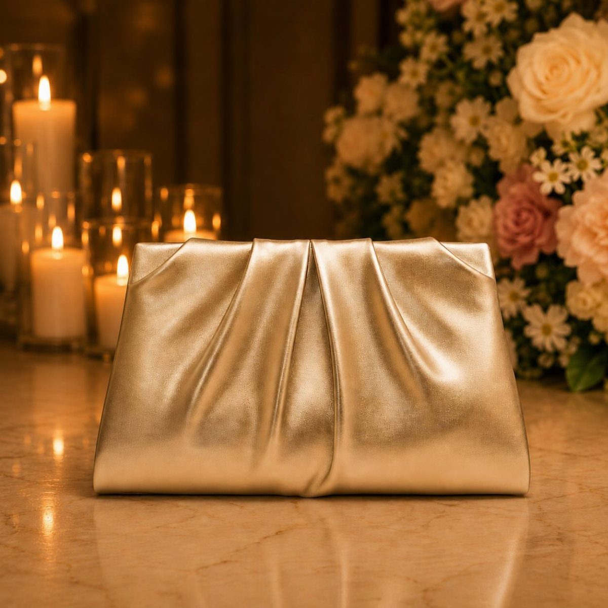 Gold metallic pleated clutch bag on marble with candles and flowers in background