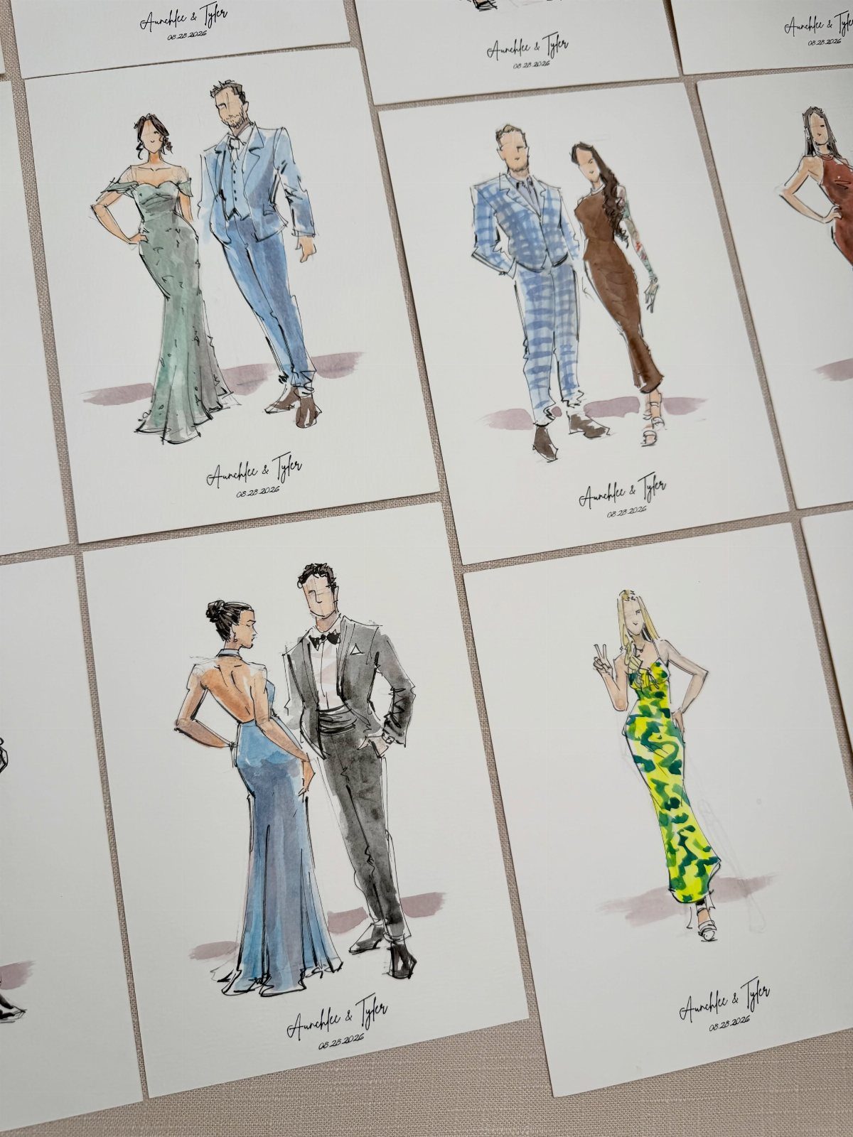 Watercolor fashion illustrations of wedding guests on white cards arranged in a grid